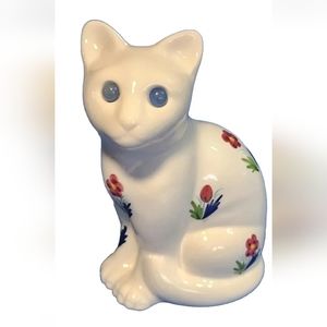 Vtg Ceramic White Kitty Cat Art Elpa Alcobaca Portuguese Hand Painted Flowers